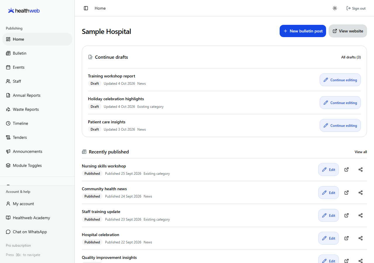 Light-theme Healthweb dashboard with sidebar, sample drafts and published posts