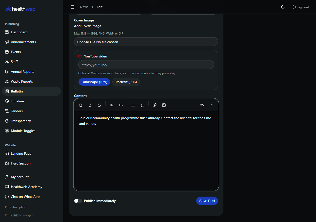 Create the update in Healthweb, with sample content