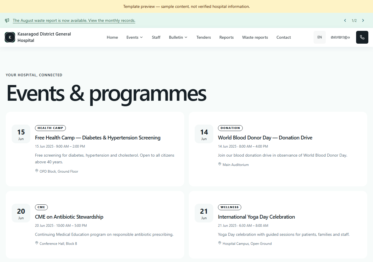Healthweb events and notices page with sample content